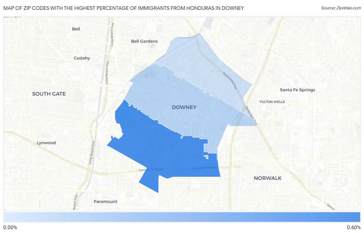 Zip Codes with the Highest Percentage of Immigrants from Honduras in Downey Map