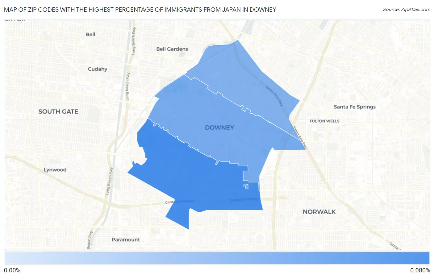 Zip Codes with the Highest Percentage of Immigrants from Japan in Downey Map