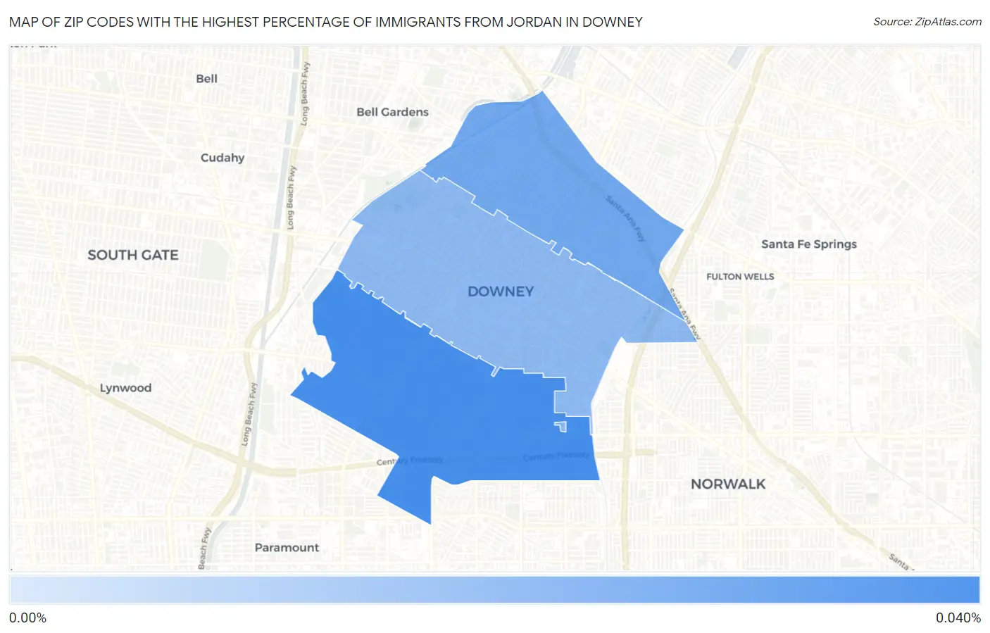 Zip Codes with the Highest Percentage of Immigrants from Jordan in Downey Map