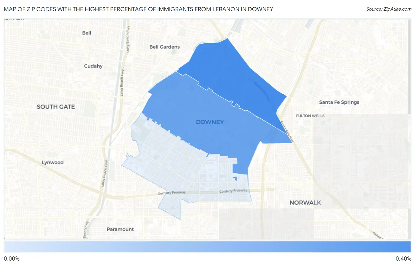 Zip Codes with the Highest Percentage of Immigrants from Lebanon in Downey Map