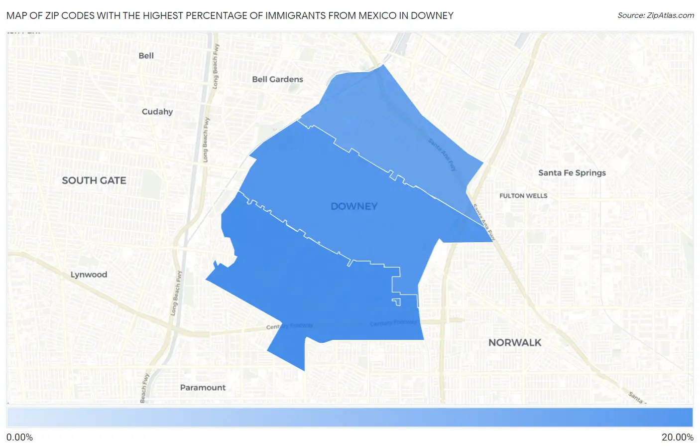 Zip Codes with the Highest Percentage of Immigrants from Mexico in Downey Map