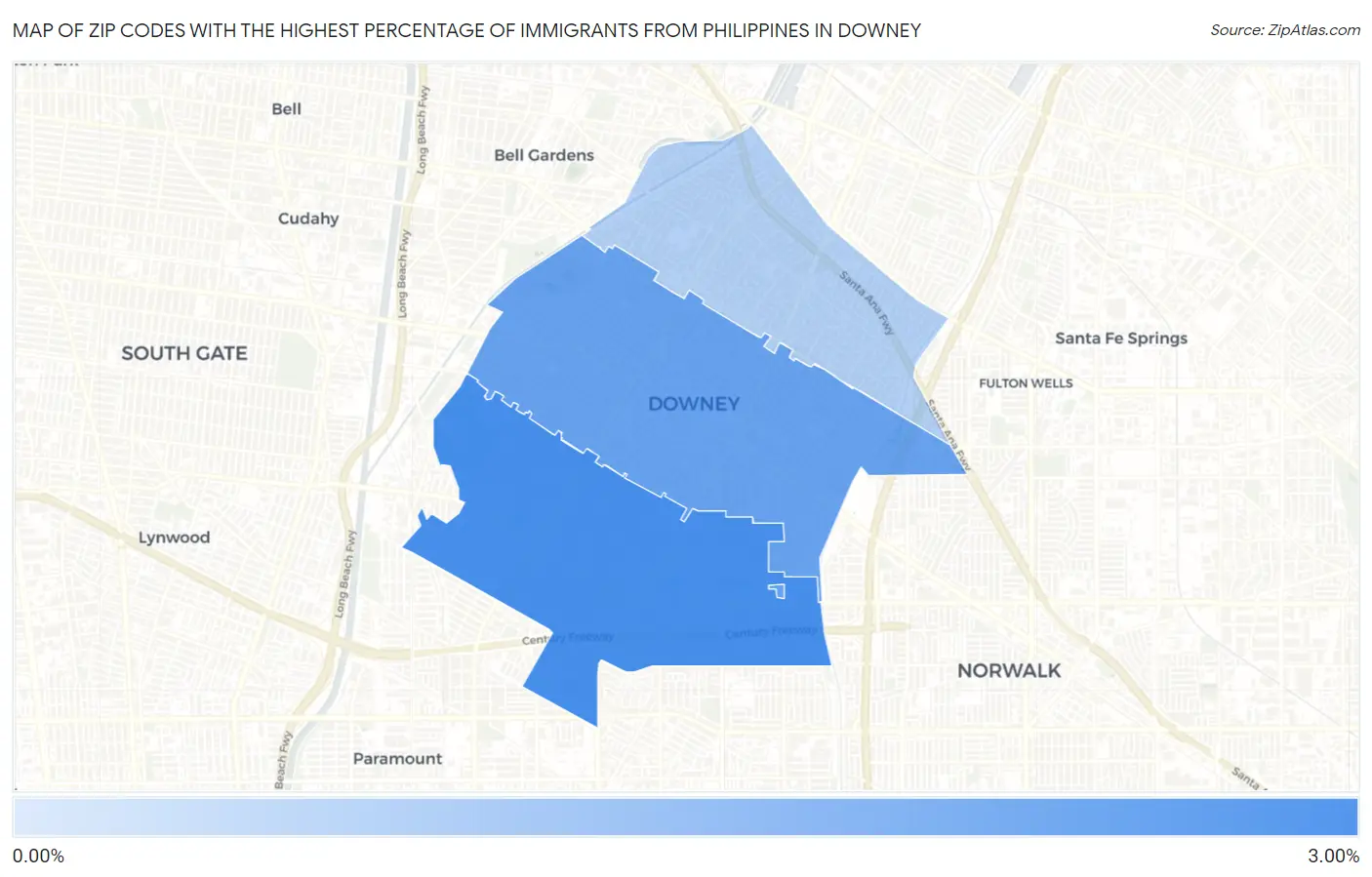 Zip Codes with the Highest Percentage of Immigrants from Philippines in Downey Map