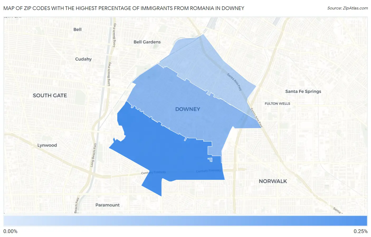 Zip Codes with the Highest Percentage of Immigrants from Romania in Downey Map