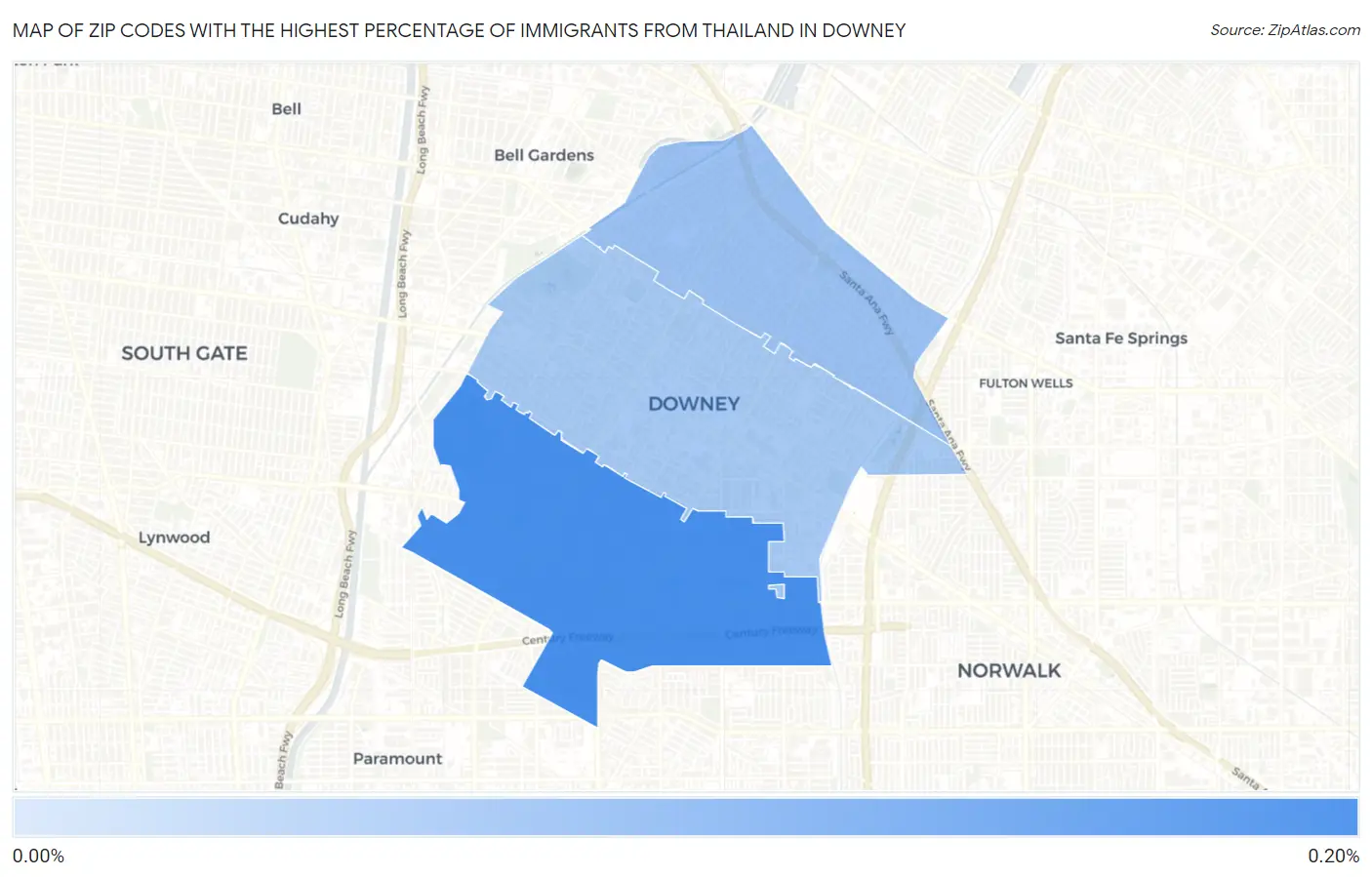 Zip Codes with the Highest Percentage of Immigrants from Thailand in Downey Map
