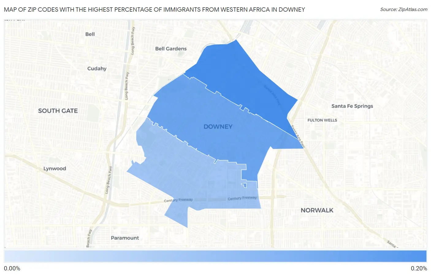 Zip Codes with the Highest Percentage of Immigrants from Western Africa in Downey Map