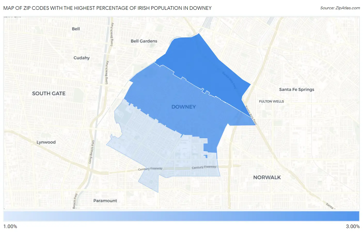 Zip Codes with the Highest Percentage of Irish Population in Downey Map