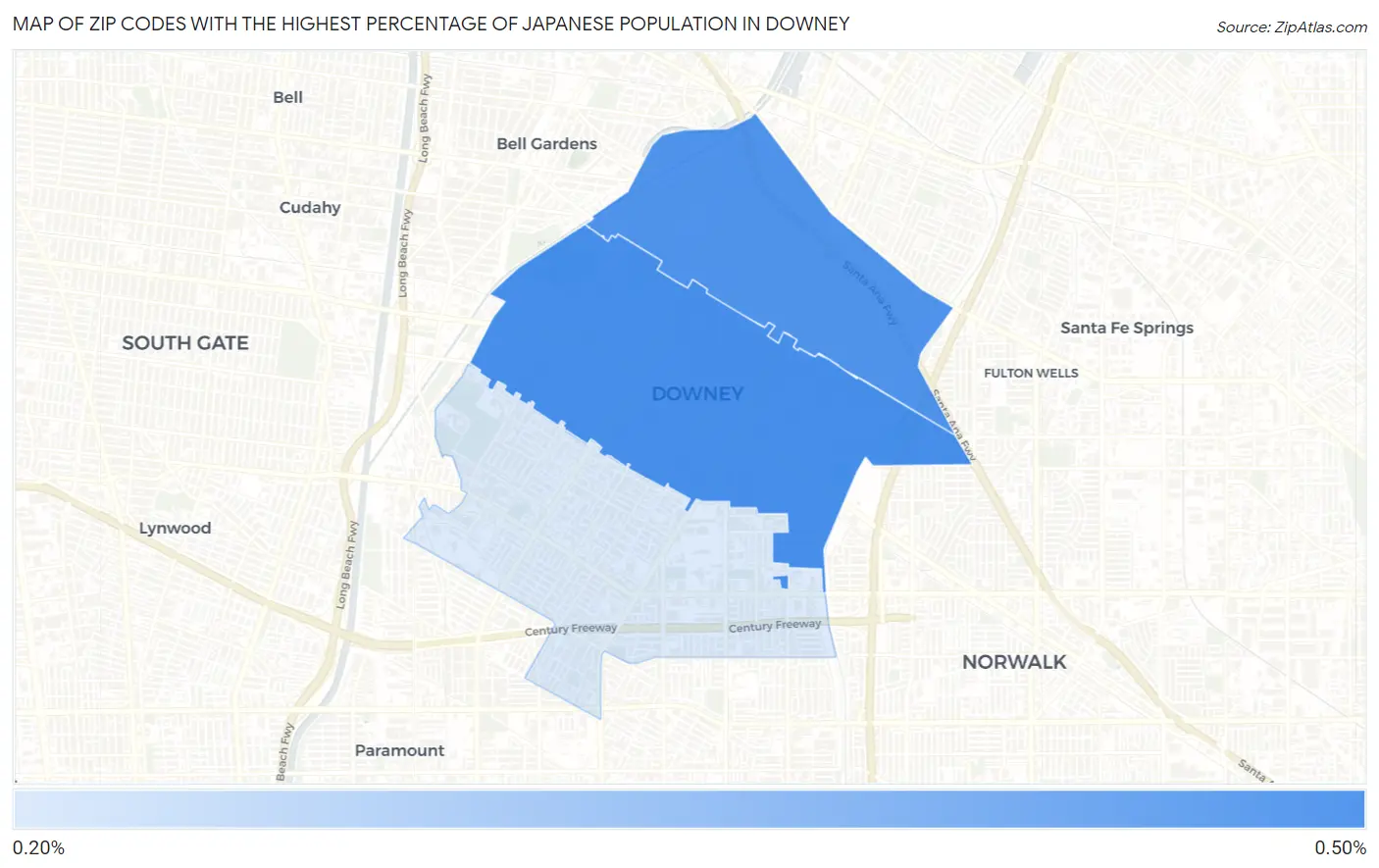 Zip Codes with the Highest Percentage of Japanese Population in Downey Map