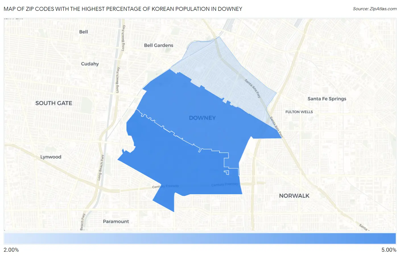 Zip Codes with the Highest Percentage of Korean Population in Downey Map