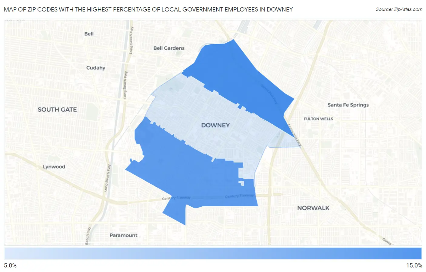Zip Codes with the Highest Percentage of Local Government Employees in Downey Map
