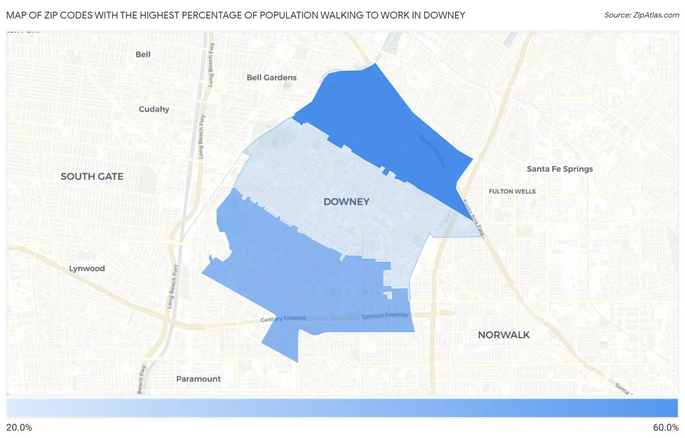 Zip Codes with the Highest Percentage of Population Walking to Work in Downey Map