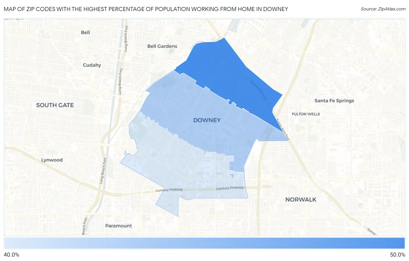 Zip Codes with the Highest Percentage of Population Working from Home in Downey Map