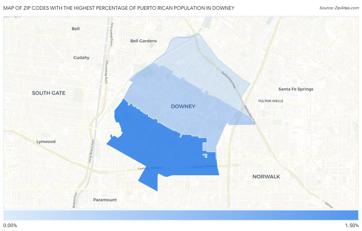 Zip Codes with the Highest Percentage of Puerto Rican Population in Downey Map