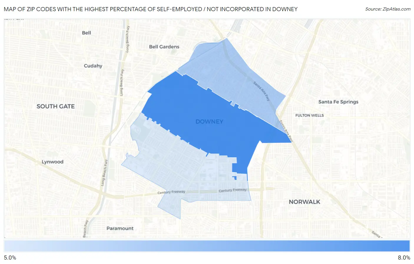 Zip Codes with the Highest Percentage of Self-Employed / Not Incorporated in Downey Map