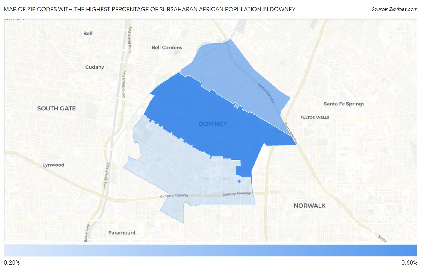 Zip Codes with the Highest Percentage of Subsaharan African Population in Downey Map