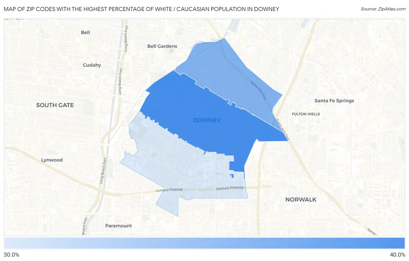 Zip Codes with the Highest Percentage of White / Caucasian Population in Downey Map