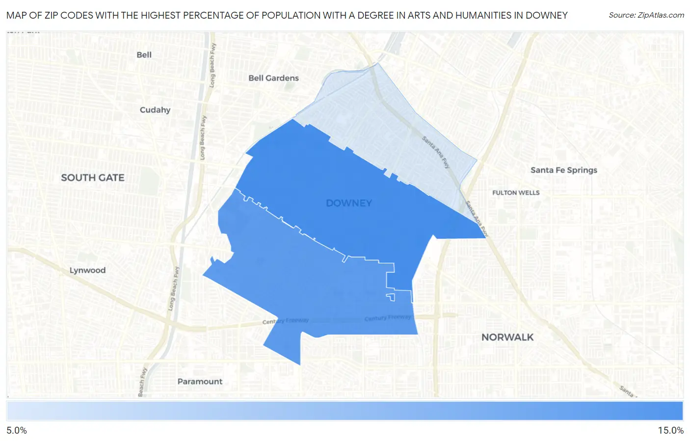 Zip Codes with the Highest Percentage of Population with a Degree in Arts and Humanities in Downey Map