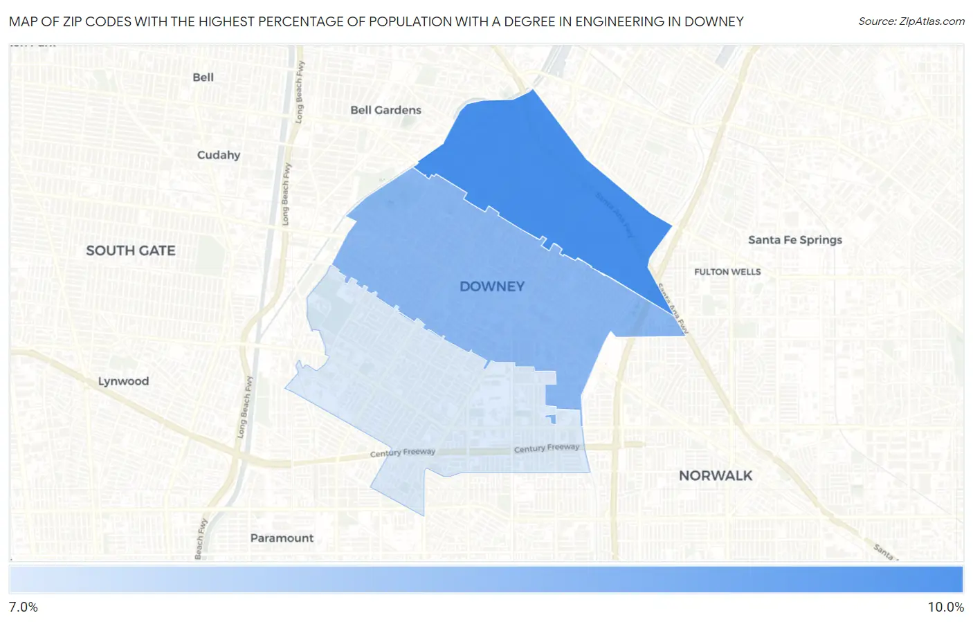 Zip Codes with the Highest Percentage of Population with a Degree in Engineering in Downey Map