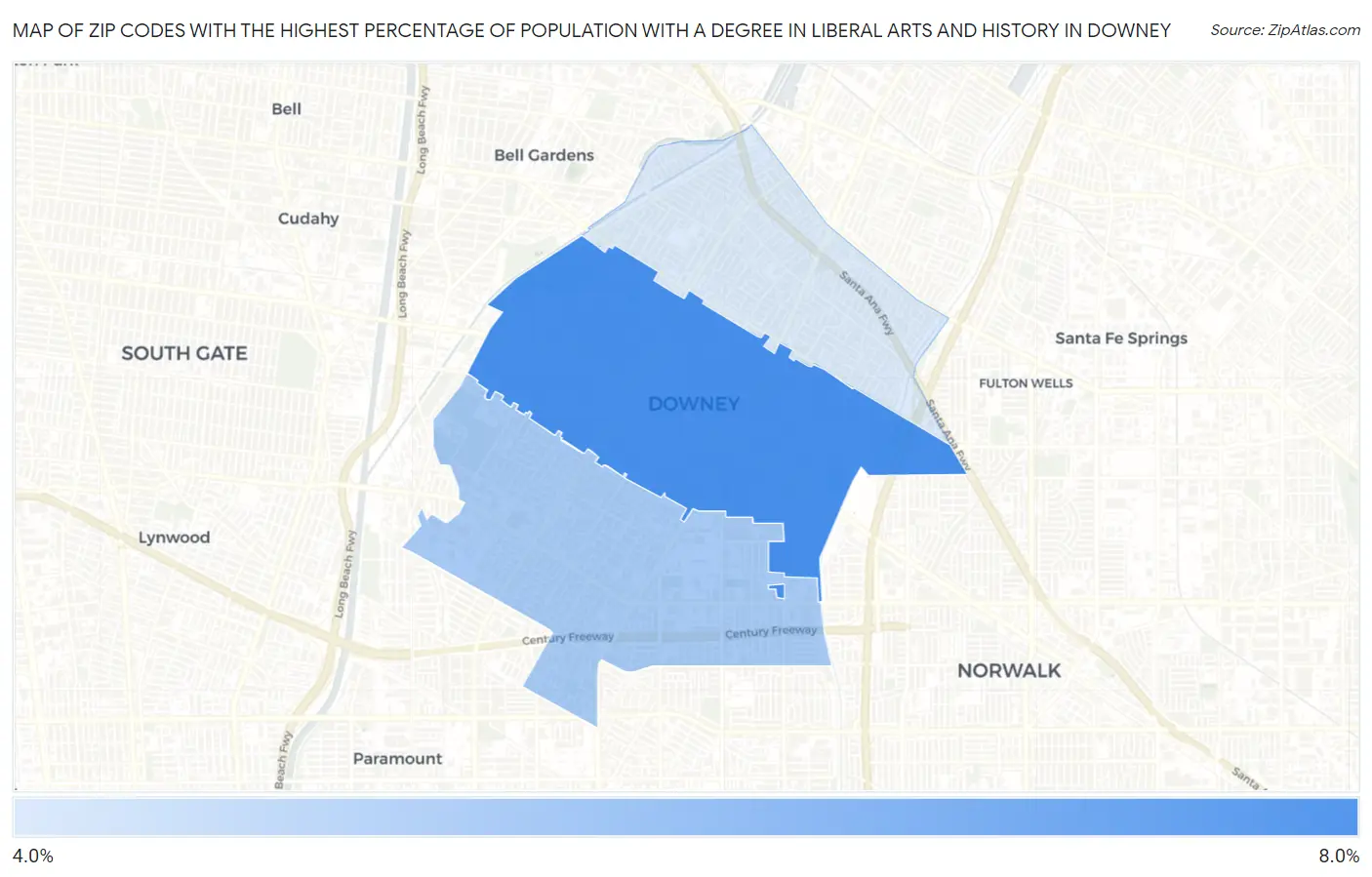 Zip Codes with the Highest Percentage of Population with a Degree in Liberal Arts and History in Downey Map