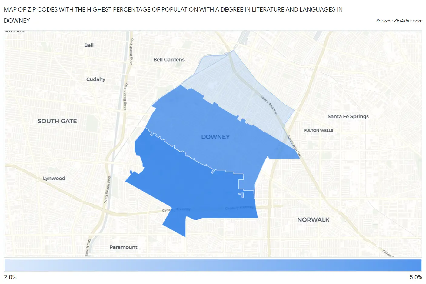 Zip Codes with the Highest Percentage of Population with a Degree in Literature and Languages in Downey Map