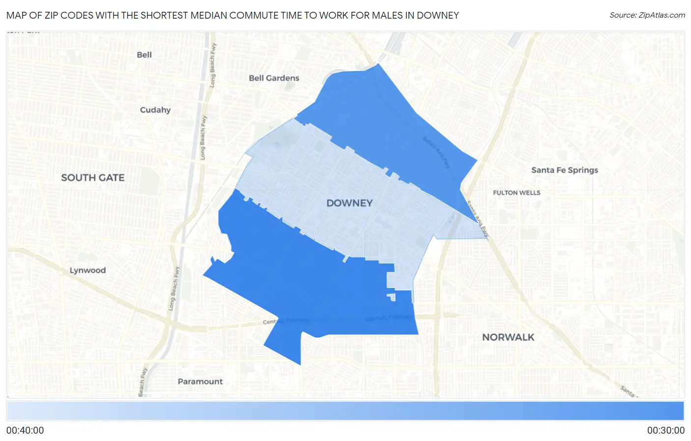 Zip Codes with the Shortest Median Commute Time to Work for Males in Downey Map