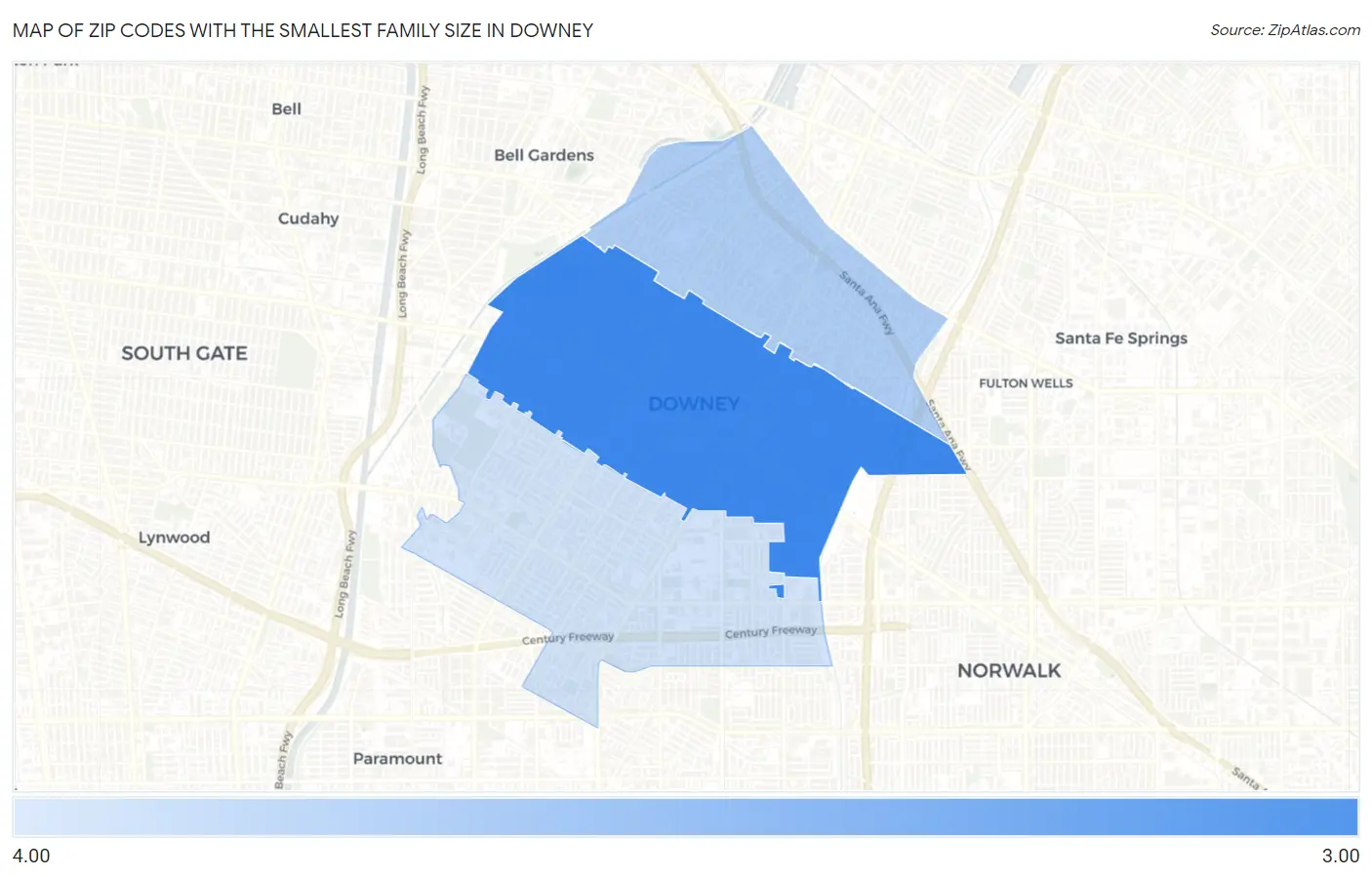 Zip Codes with the Smallest Family Size in Downey Map