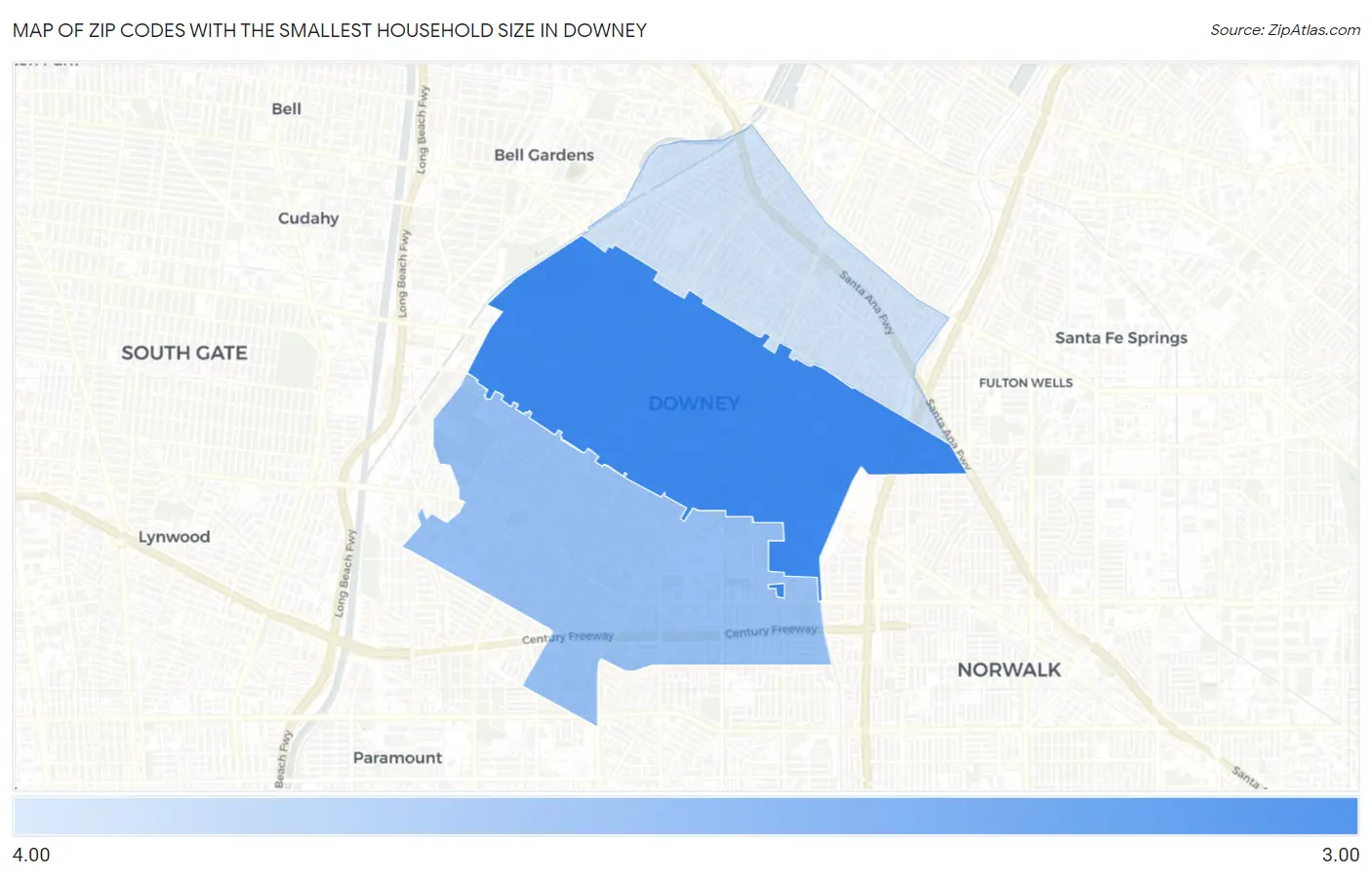 Zip Codes with the Smallest Household Size in Downey Map