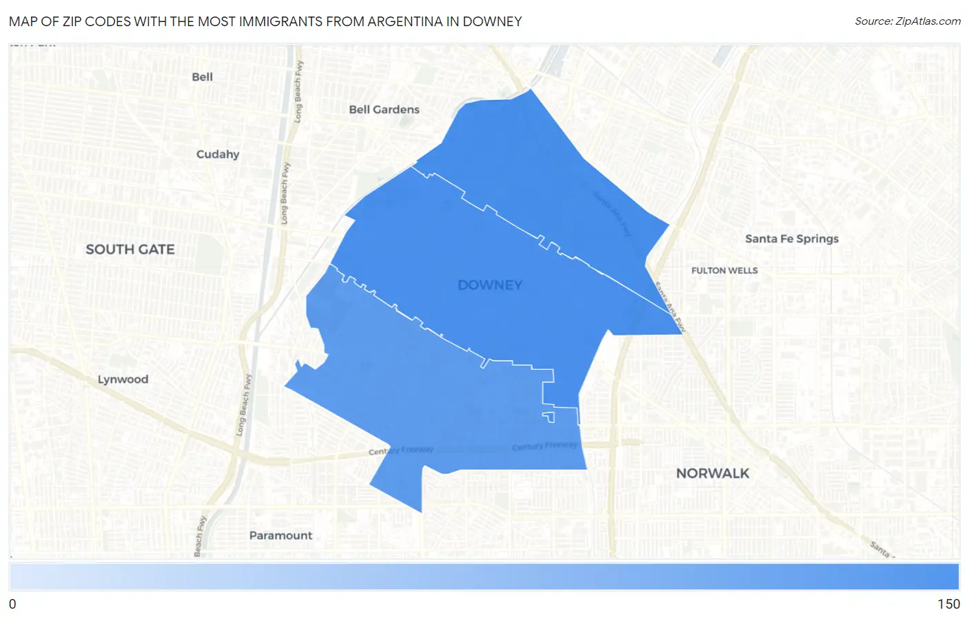 Zip Codes with the Most Immigrants from Argentina in Downey Map