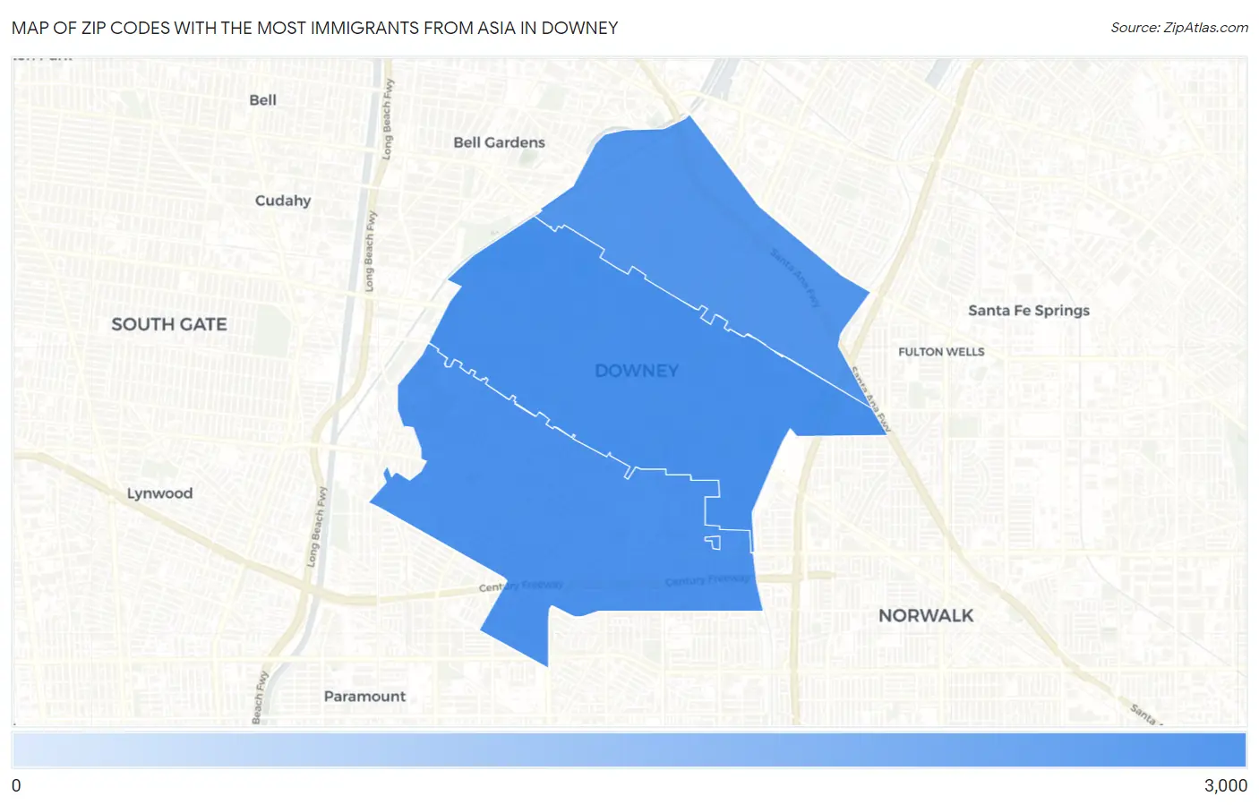 Zip Codes with the Most Immigrants from Asia in Downey Map