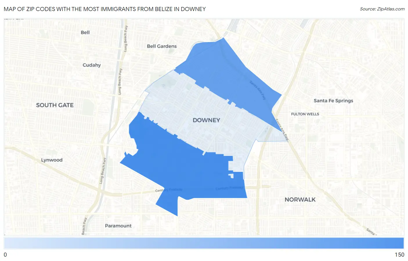 Zip Codes with the Most Immigrants from Belize in Downey Map