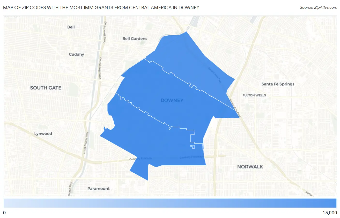 Zip Codes with the Most Immigrants from Central America in Downey Map