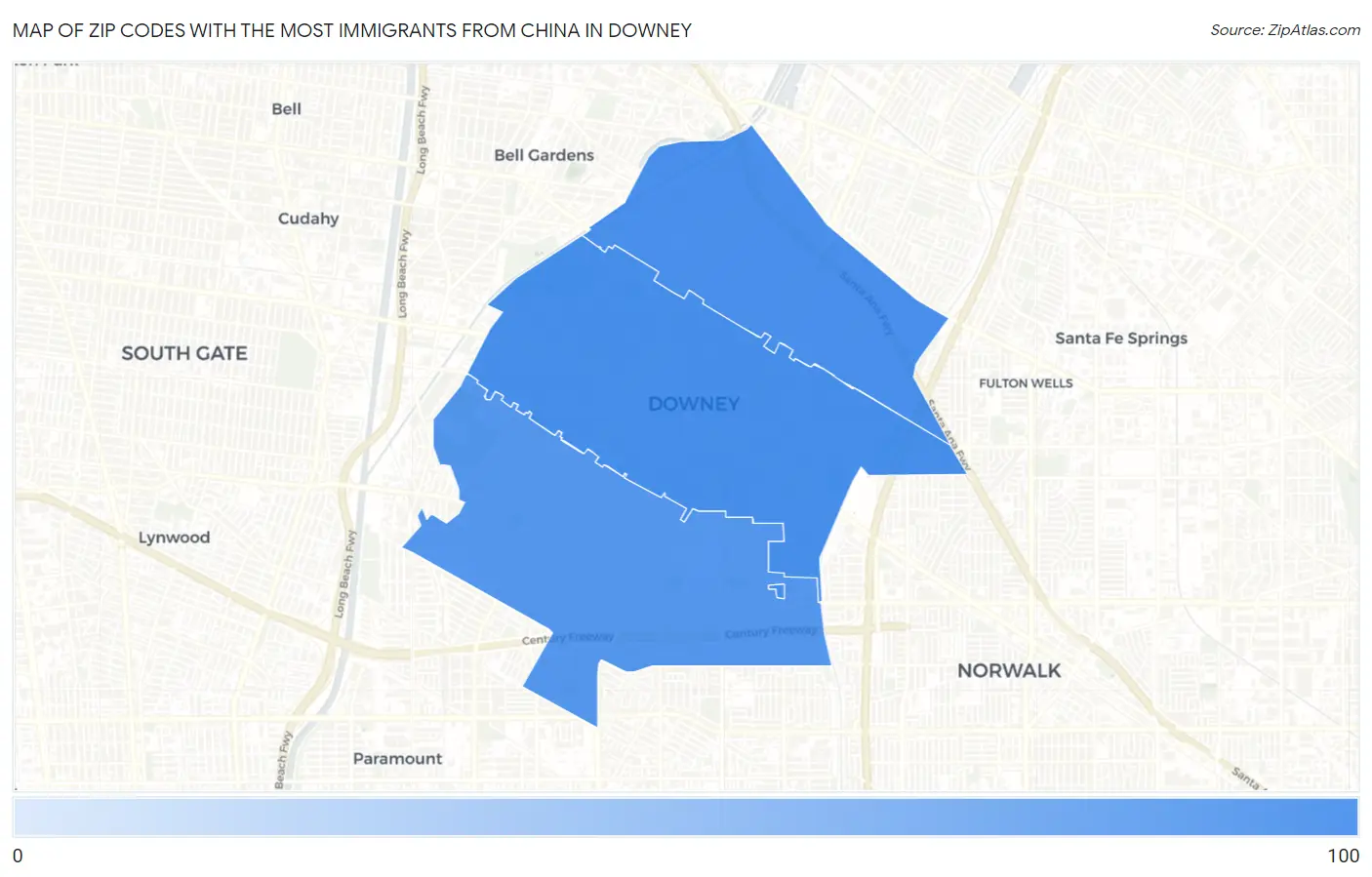 Zip Codes with the Most Immigrants from China in Downey Map