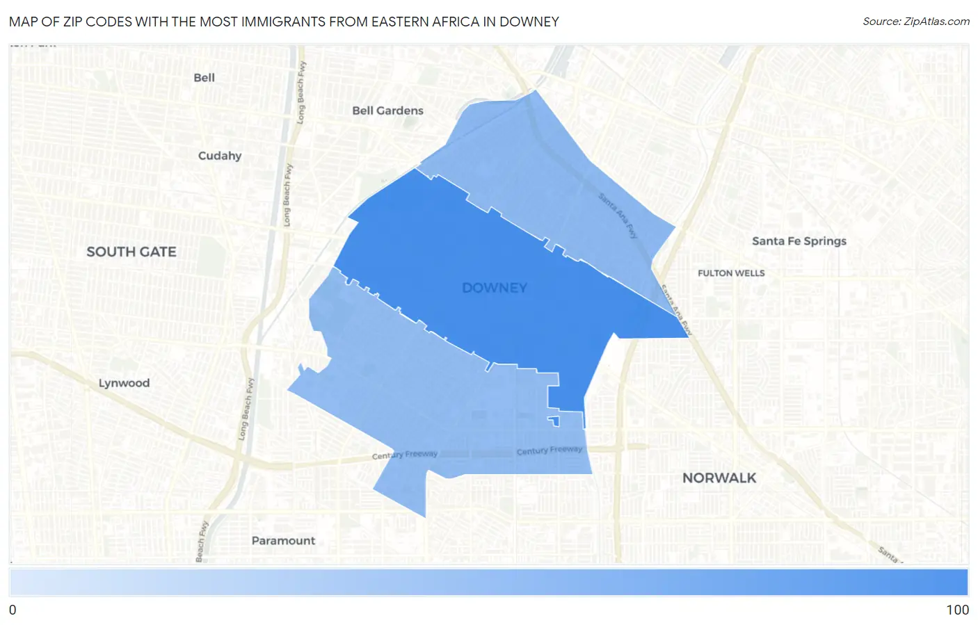 Zip Codes with the Most Immigrants from Eastern Africa in Downey Map
