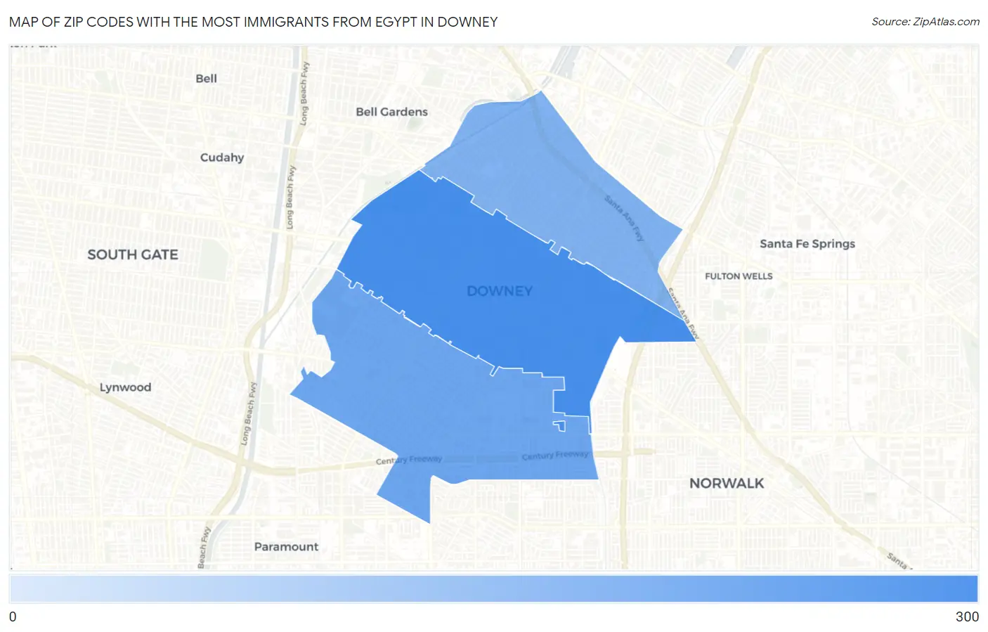 Zip Codes with the Most Immigrants from Egypt in Downey Map