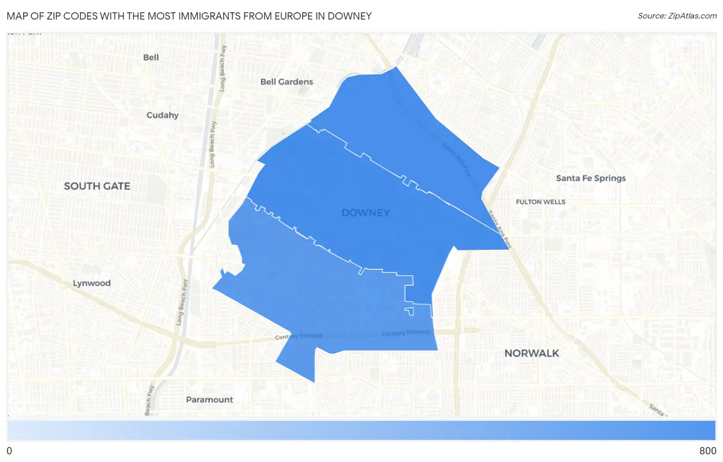 Zip Codes with the Most Immigrants from Europe in Downey Map