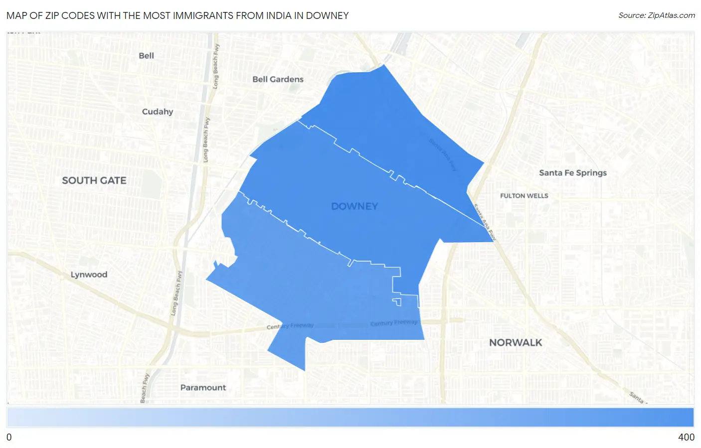 Zip Codes with the Most Immigrants from India in Downey Map