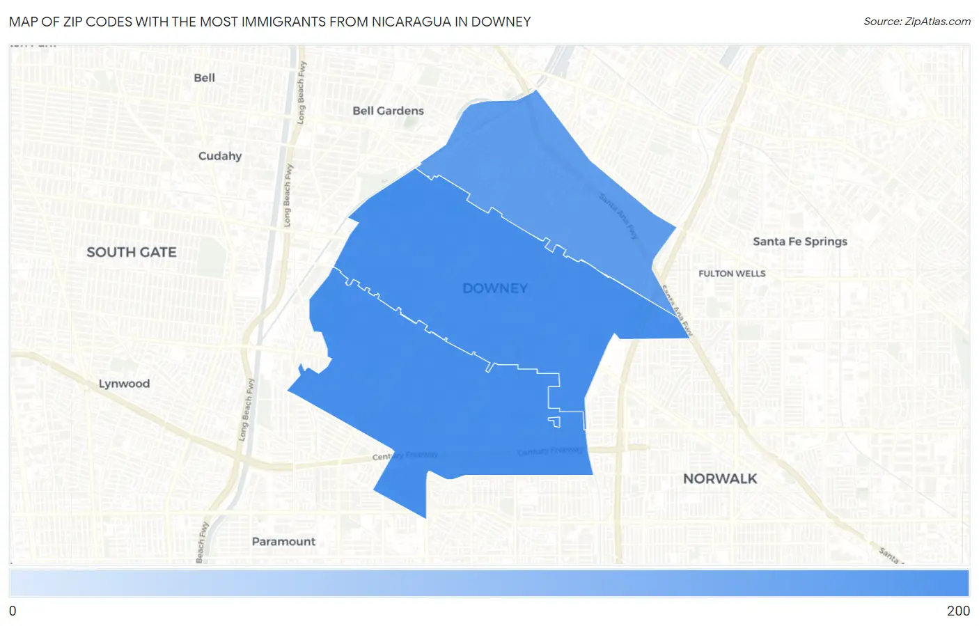 Zip Codes with the Most Immigrants from Nicaragua in Downey Map