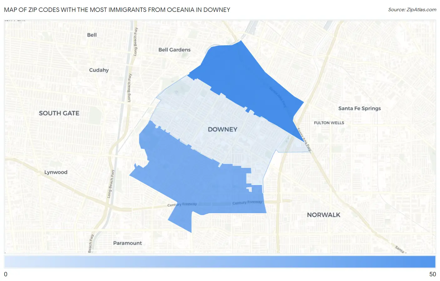 Zip Codes with the Most Immigrants from Oceania in Downey Map