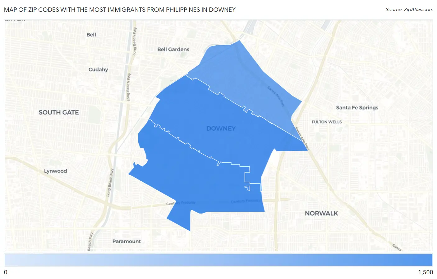 Zip Codes with the Most Immigrants from Philippines in Downey Map