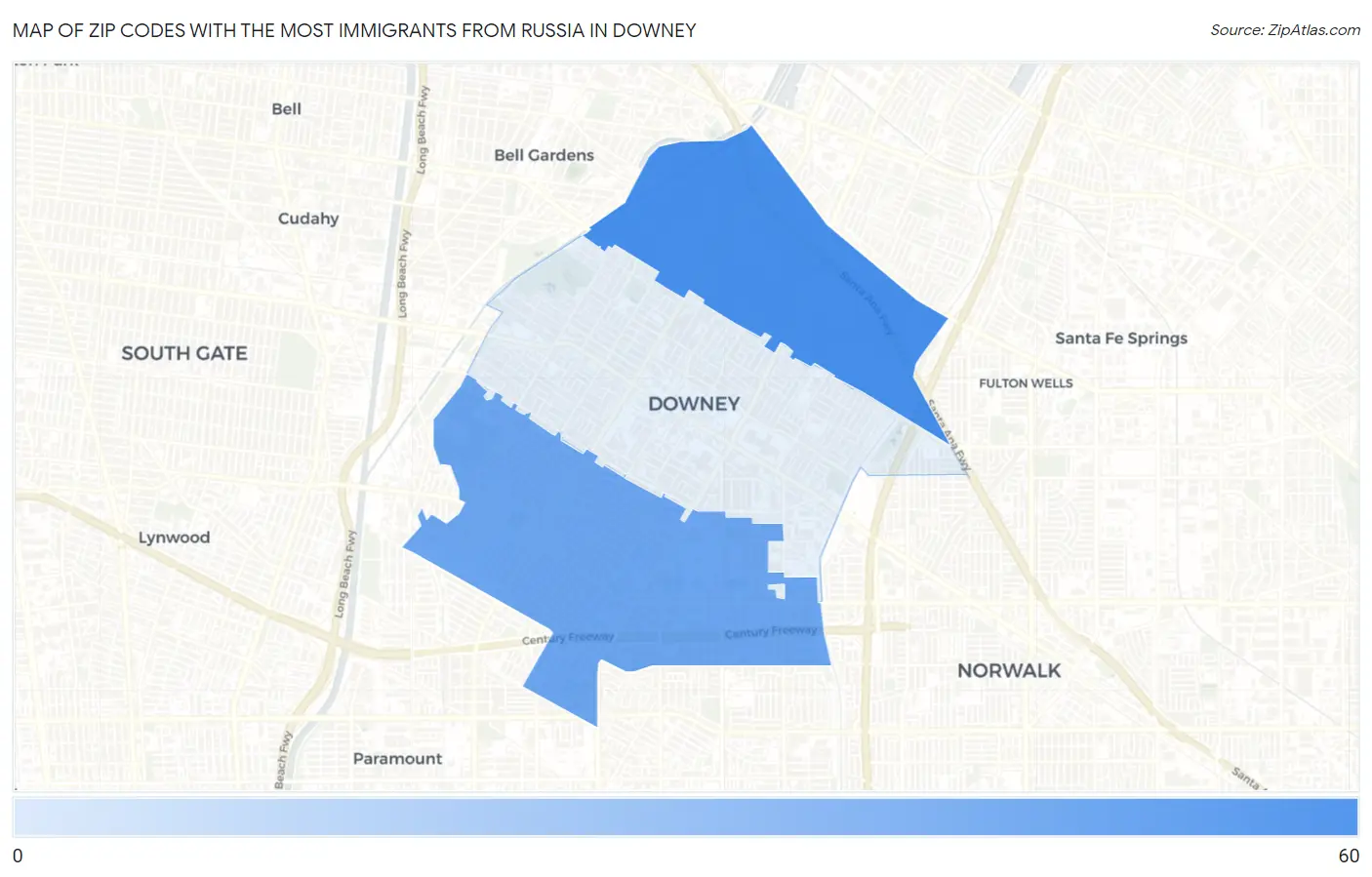 Zip Codes with the Most Immigrants from Russia in Downey Map