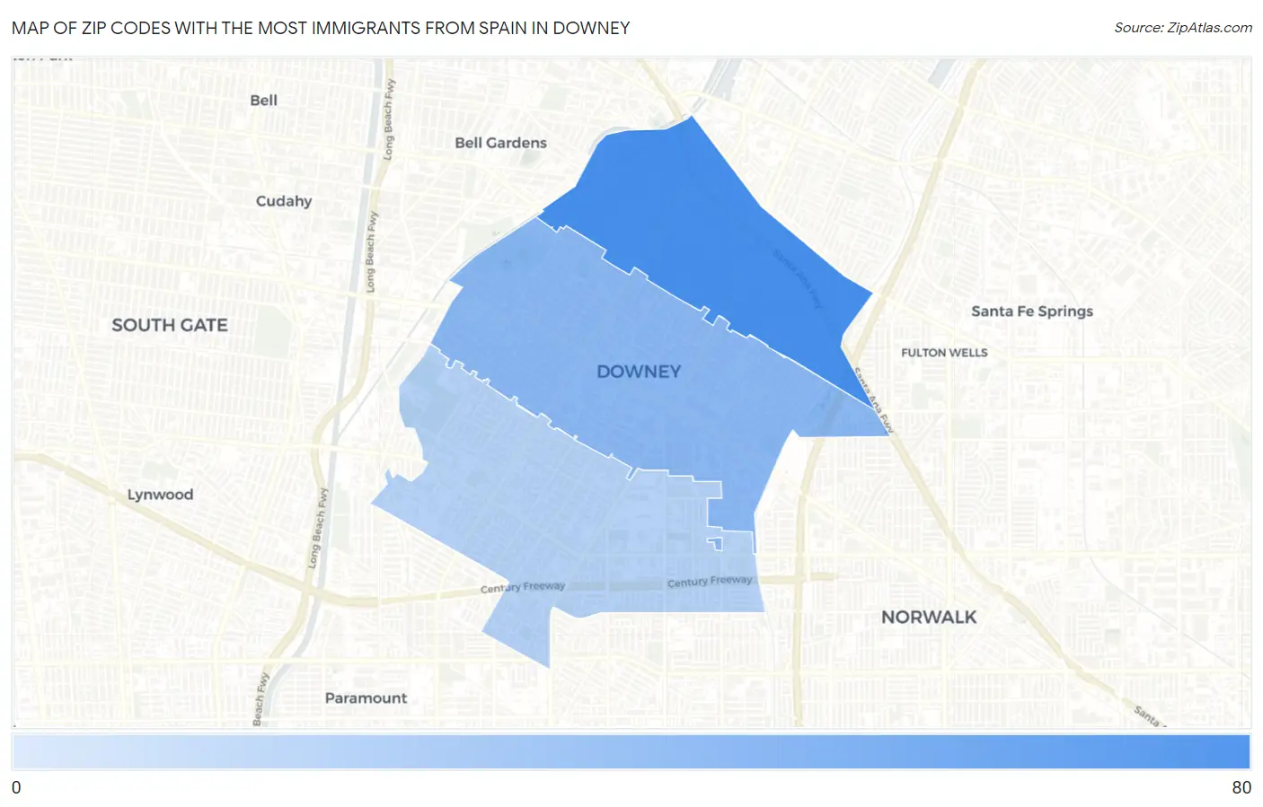 Zip Codes with the Most Immigrants from Spain in Downey Map