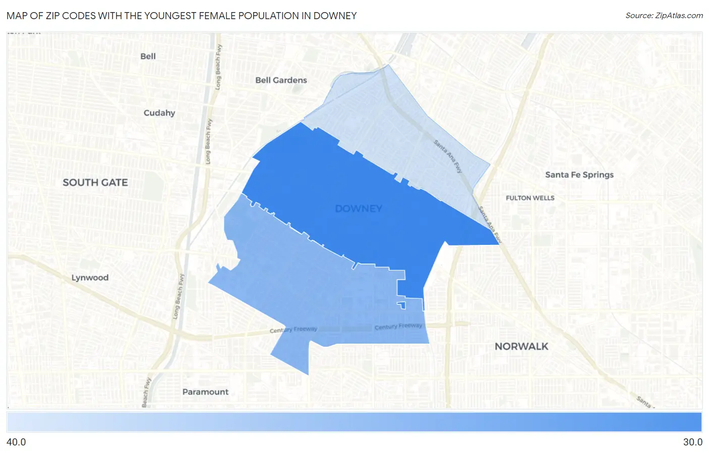 Zip Codes with the Youngest Female Population in Downey Map