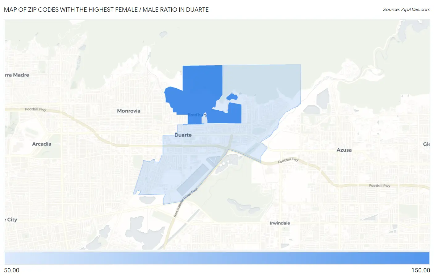 Zip Codes with the Highest Female / Male Ratio in Duarte Map