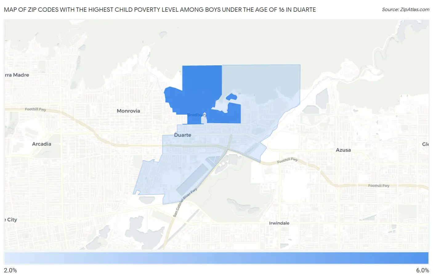 Zip Codes with the Highest Child Poverty Level Among Boys Under the Age of 16 in Duarte Map