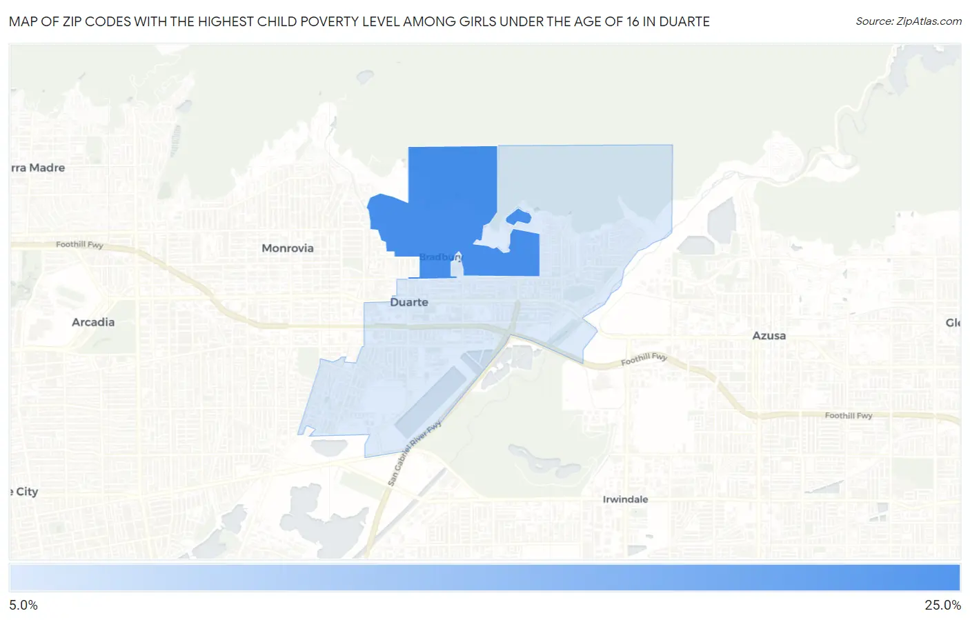 Zip Codes with the Highest Child Poverty Level Among Girls Under the Age of 16 in Duarte Map