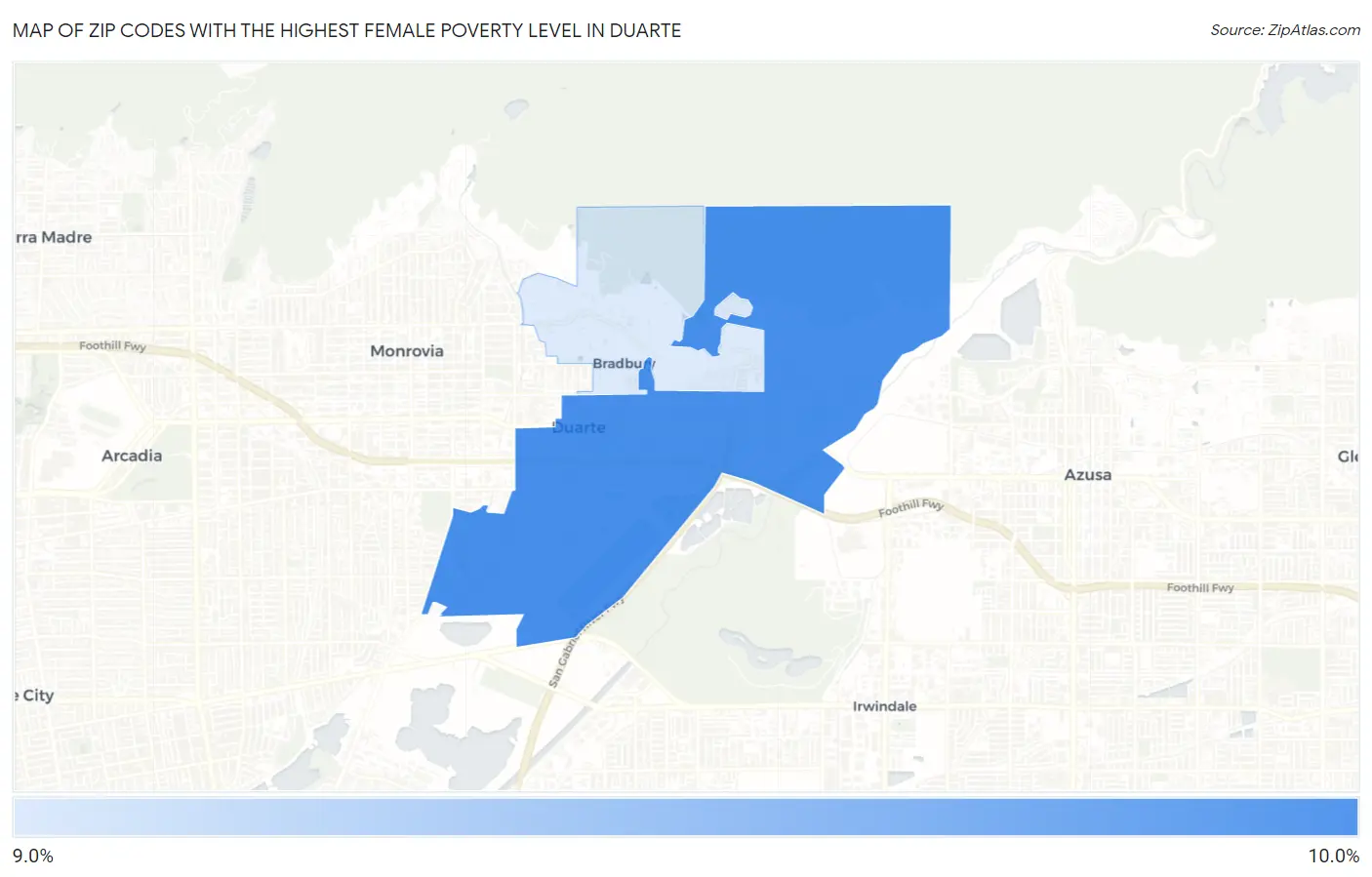 Zip Codes with the Highest Female Poverty Level in Duarte Map