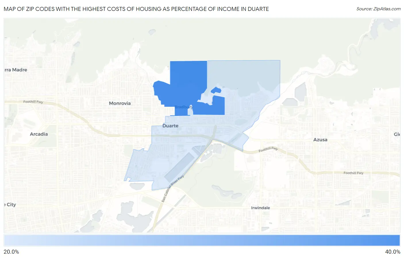 Zip Codes with the Highest Costs of Housing as Percentage of Income in Duarte Map