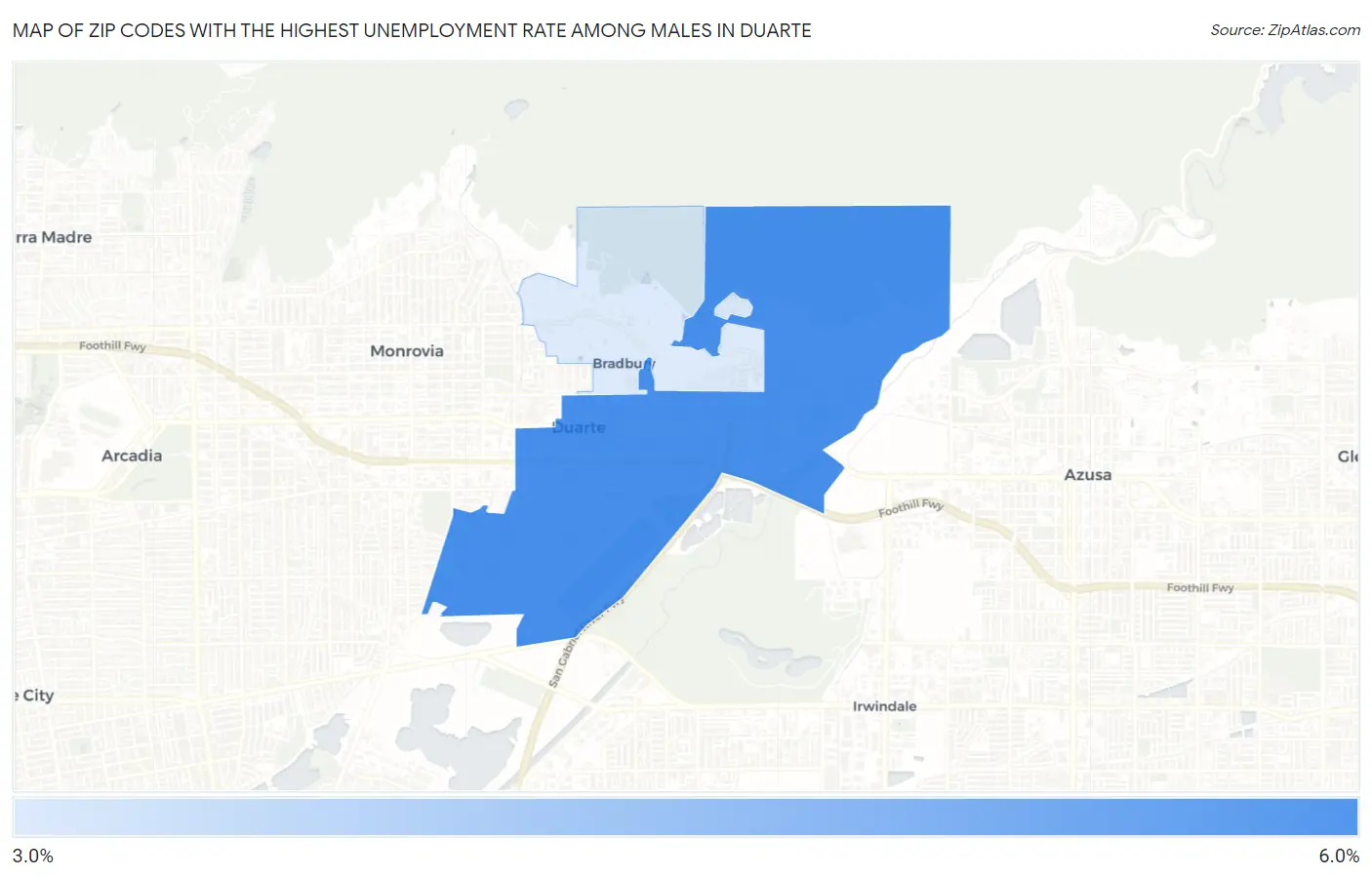 Zip Codes with the Highest Unemployment Rate Among Males in Duarte Map
