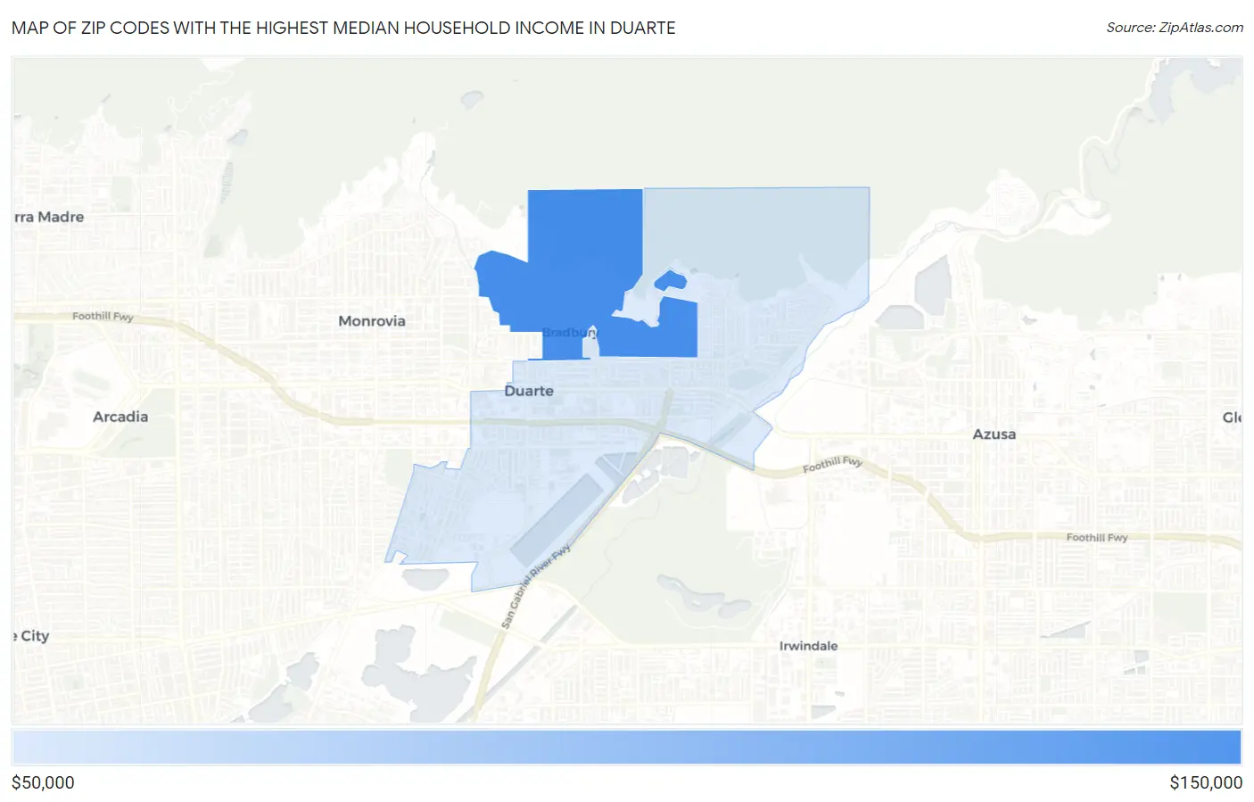 Zip Codes with the Highest Median Household Income in Duarte Map