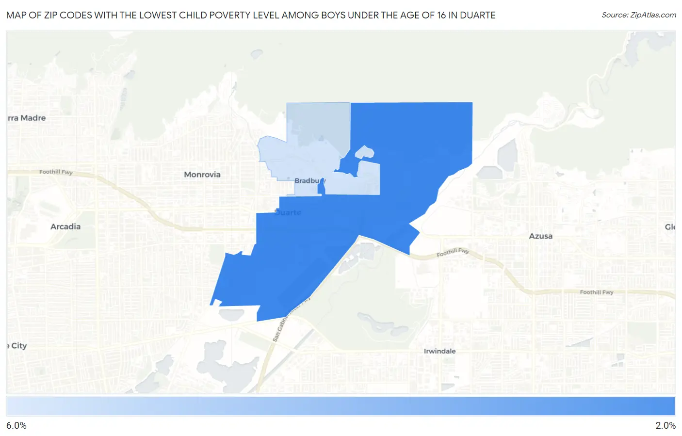 Zip Codes with the Lowest Child Poverty Level Among Boys Under the Age of 16 in Duarte Map