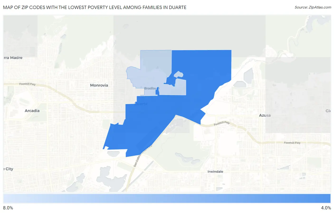 Zip Codes with the Lowest Poverty Level Among Families in Duarte Map